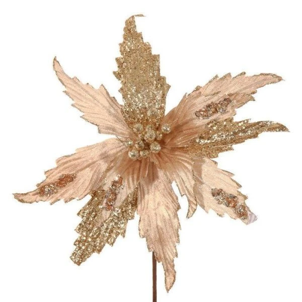 Декор новогодний Цветок Пуансеттия золото/беж 32*32*49см, 2 вида (60/360)