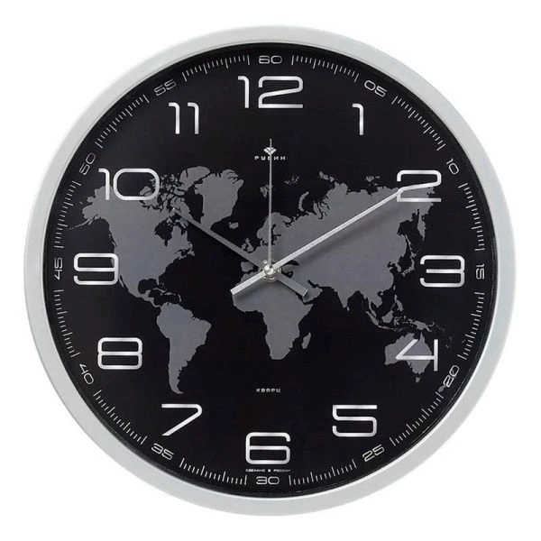 Часы настенные 30см пластик РУБИН Карта серебряный (10)