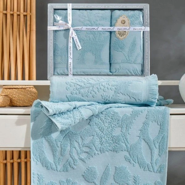 Набор полотенец махровые 2пр 50*90/70*140см жаккард с бахр. PHILIPPUS BELEK A091 бирюзовый подар.уп.