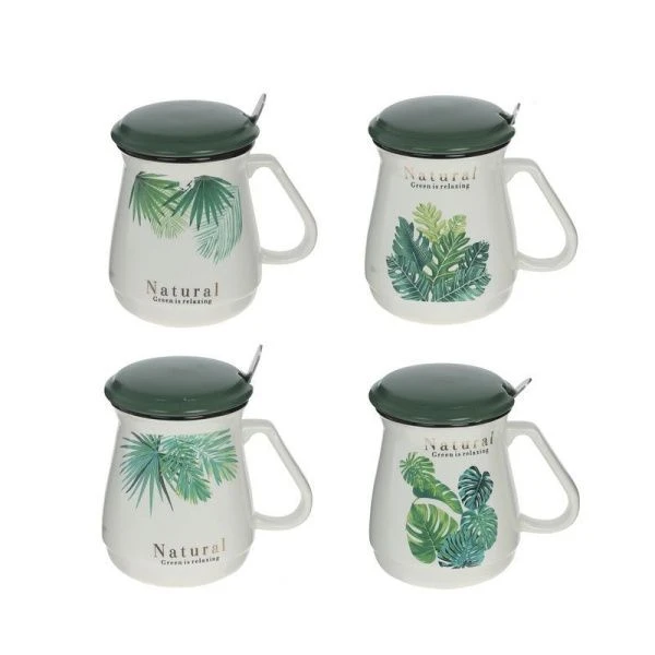 Кружка 400мл фарфор с крышкой и ложкой L12 W9 H10,5 см 4в. (72)