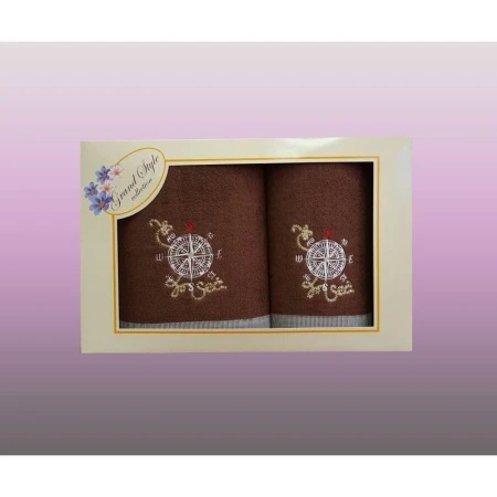 яяяНабор полотенец 2пр 45*90/65*135 махровых Компас коричневый подар.уп. N14-241