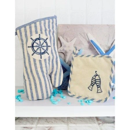 Кухонный набор 2пр (прихватка 22*18 рукавица 30*18) хлопок МОРСКИЕ МОТИВЫ PG-315+PG314