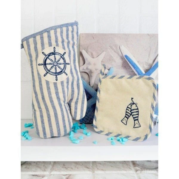 Кухонный набор 2пр (прихватка 22*18 рукавица 30*18) хлопок МОРСКИЕ МОТИВЫ PG-315+PG314