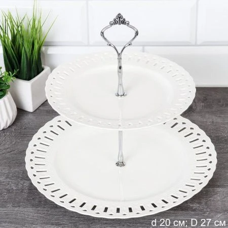Этажерка сервировочная 2 яруса 20/27см фарфор ажурная ручная работа R-631 (11)