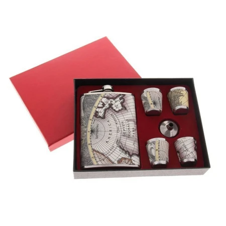 яяяНабор нерж.сталь 6в1 Карта серая (фляжка, воронка +4 рюмки) 17*23см 412746