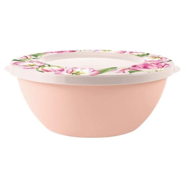 Миска 3л пластик Flowers розовая пудра с крышкой (20)