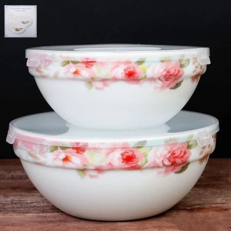 Салатники набор 2пр 700/1200мл стеклокерамика РОЗЫ НА ГОЛУБОМ с пласт.крышками SW2A-XN(6801) (18)
