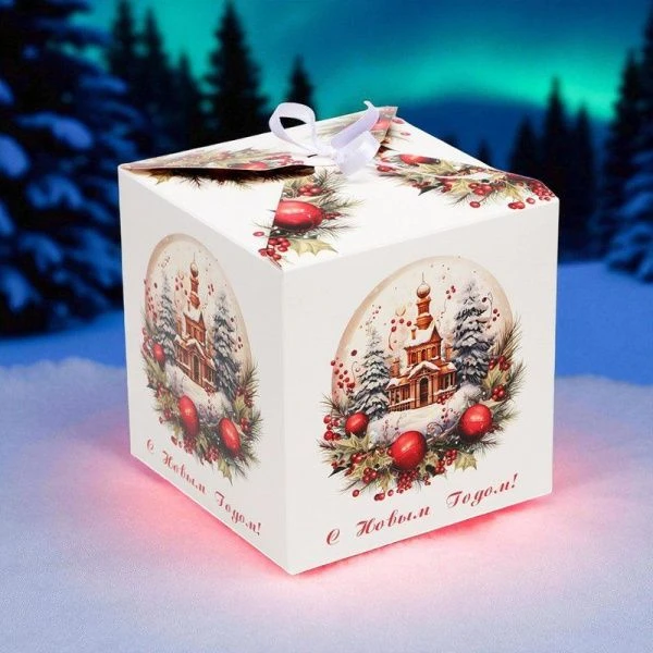 Коробка новогодняя подарочная складная картон Рождественская церковь 12*12*12см Коробка новогодняя подарочная складная картон Рождественская церковь 12*12*12см