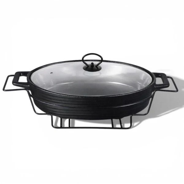 Мармит 3,5л керамика овальный (стекл.крышка, мет.подставка) 43*26,5*12см черный (4)