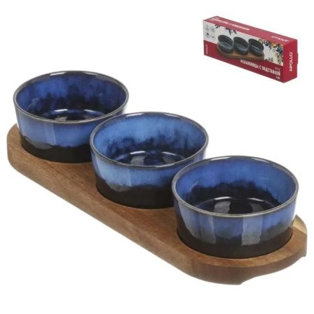 Менажница 3 секции 140мл керамика Breeze на дер.подставке 29*10*1,5см синий BRZ-04 (12)