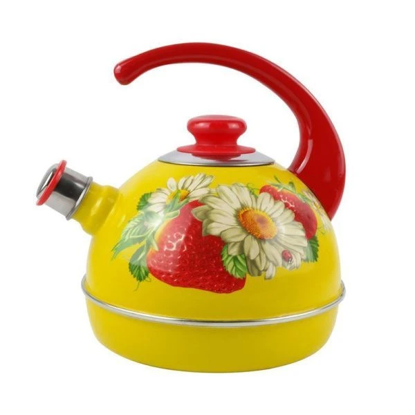 Чайник со свистком 3,5л эмаль КЛУБНИКА С РОМАШКОЙ желтый конс.ручка красная (4)