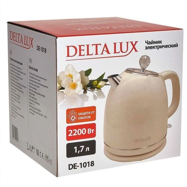Чайник электрический 1,7л нерж.сталь 2200Вт DELTA LUX DE-1018 двойной корпус, белый (12)