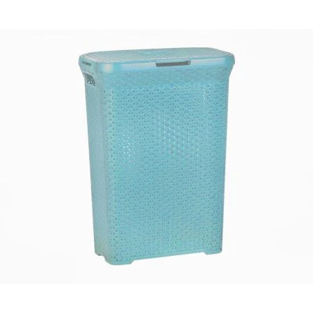 Корзина для белья 55л пластик ПЛЕТЕНАЯ узкая с крышкой (откр. в обе стороны) лазурная 45*27*61см 2305 (6)