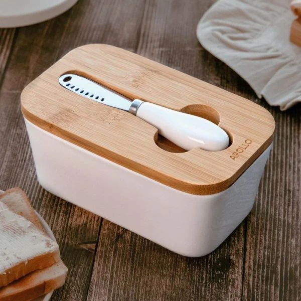 Масленка 600мл фарфор Palmiro бамбук.крышка нож для масла нерж.сталь белая PLM-02-W (24)