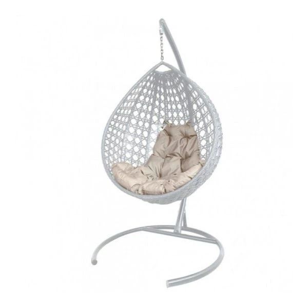 Кресло подвесное Капля ЛЮКС с ротангом 108*108*186см металл белое.,бежевая подушка (max нагр. 120кг)