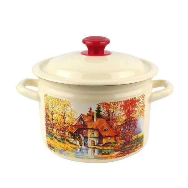 Кастрюля 4л эмаль СТАРАЯ МЕЛЬНИЦА слон.кость  с рис. цилиндрическая борт 41704-142/6-У (4)