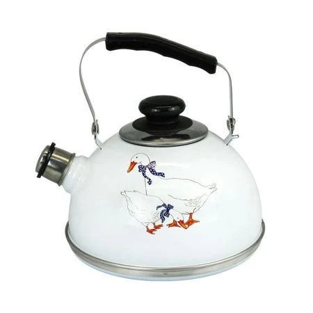 Чайник со свистком 2,5л эмаль ГУСИ белый подвиж.ручка декор нерж (4)