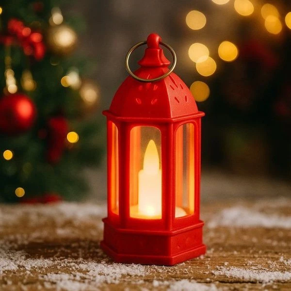 Фонарь светодиодный со свечой пластик 9*4*4см красный, работает от батареек JC-15159 (480)