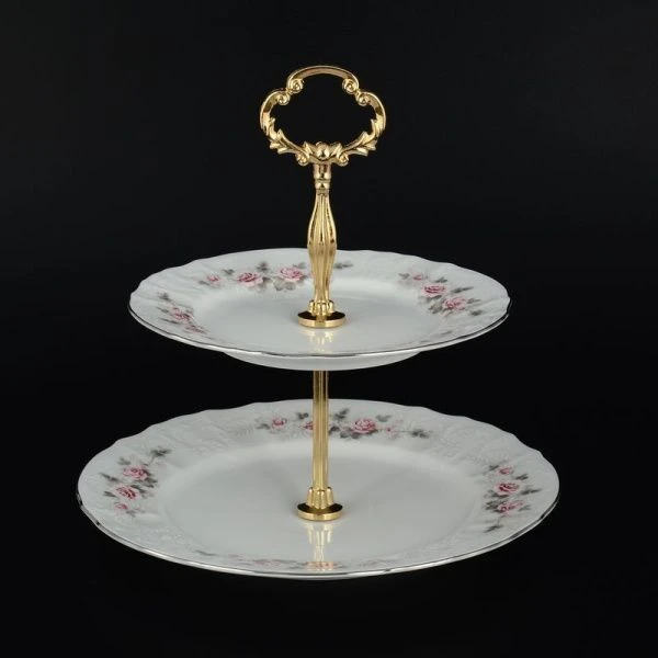 Этажерка сервировочная 2 яруса фарфор БЕРНАДОТТ СЕРАЯ РОЗА платина 59946S115396021