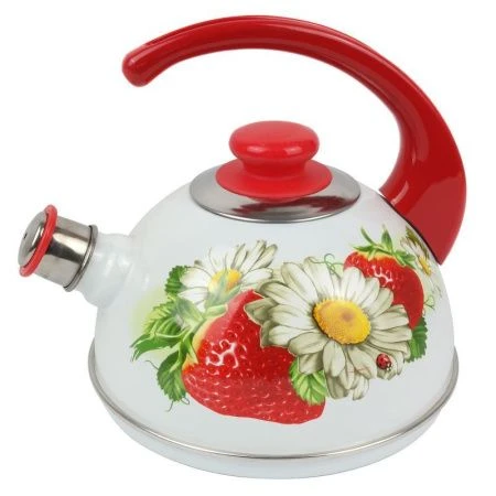 Чайник со свистком 2,5л эмаль КЛУБНИКА С РОМАШКОЙ белый конс.ручка красная декор нерж Т04-25-03-05-Н (4)