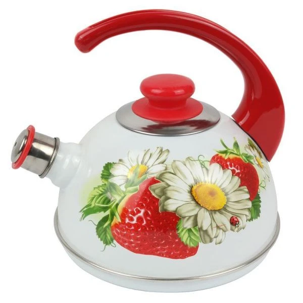Чайник со свистком 2,5л эмаль КЛУБНИКА С РОМАШКОЙ белый конс.ручка красная декор нерж Т04-25-03-05-Н (4)