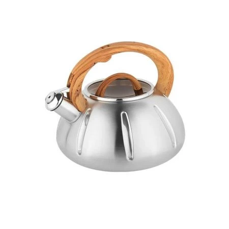 Чайник со свистком 3л нерж.сталь стекл.крышка ручка имит.под дерево BH-9918 (12)