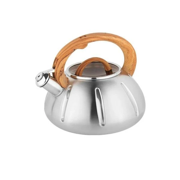 Чайник со свистком 3л нерж.сталь стекл.крышка ручка имит.под дерево BH-9918 (12)