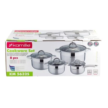Набор посуды 8пр (ковш 1,8л, кастрюли 2,5/3,8л/5,8л) нерж.сталь стекл.крышки полые ручки арт. 5632S (2) Набор посуды 8пр (ковш 1,8л, кастрюли 2,5/3,8л/5,8л) нерж.сталь стекл.крышки полые ручки арт. 5632S (2)