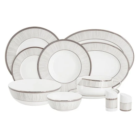Столовый набор 27пр фарфор БАККАРА на 6 персон серо-белый с серебристым кантом Полосы AL-I120815G-27