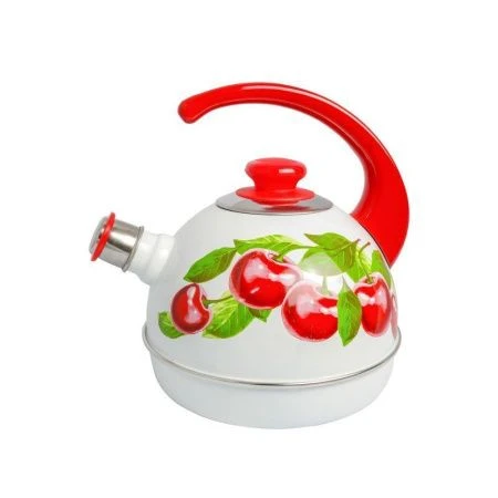 Чайник со свистком 3,5л эмаль ВИШНЕВЫЙ САД белый конс.ручка крас. (декор нерж.) (4)
