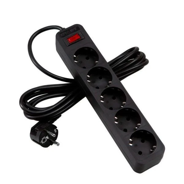 Удлинитель 5 гнезд пластик 5м 0,75кв.мм 10А ПВС с зазем, выкл-ем СТАРТ черный (20)