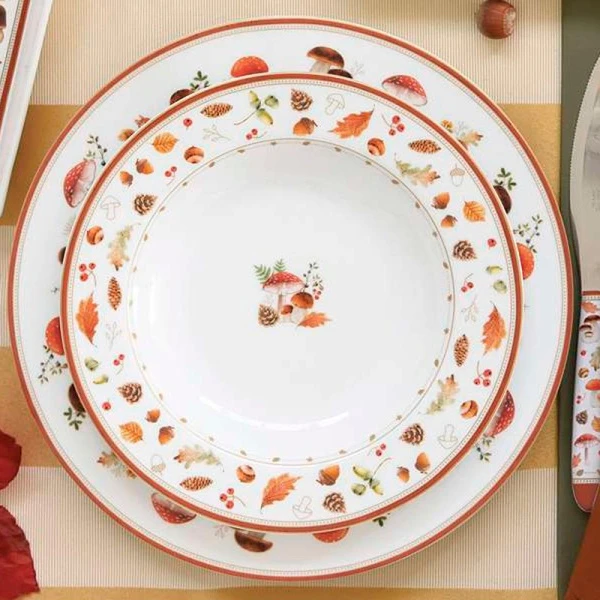 Тарелка глубокая 250мл 21,5см фарфор Autumn Breeze Грибы и листья белая суповая EL-R0943/AUBR (24)