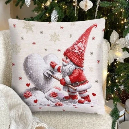Наволочка декоративная новогодняя 44*44см гобелен ГНОМЫ Лепим сердечко серебряный люрекс