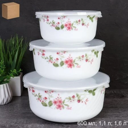 Набор салатников 3пр (0,6/1,1/1,6л) стеклокерамика ПОЛЯНА с пласт.крышками GRAY-HDW3B7348 (12)