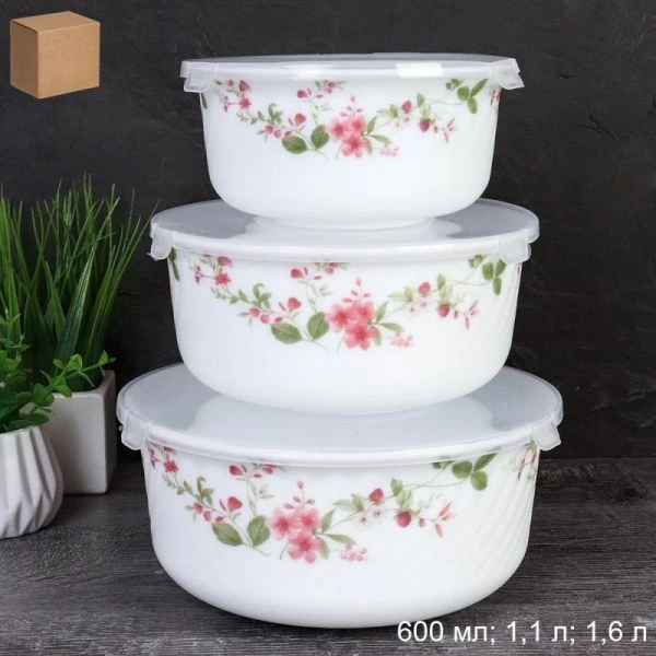Набор салатников 3пр (0,6/1,1/1,6л) стеклокерамика ПОЛЯНА с пласт.крышками GRAY-HDW3B7348 (12)