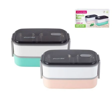 Ланч-бокс 2-х секционный 1,4л нерж.сталь/пластик салатовый, розовый, арт.2134 (36)