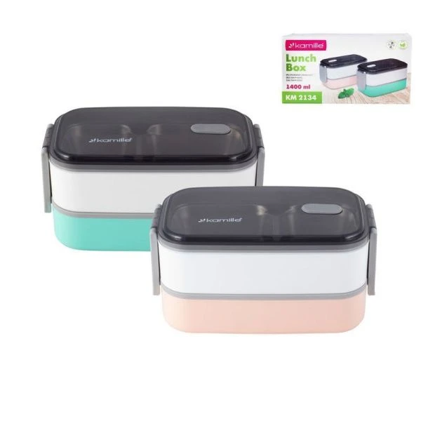 Ланч-бокс 2-х секционный 1,4л нерж.сталь/пластик салатовый, розовый, арт.2134 (36)