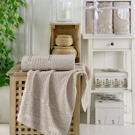 Набор полотенец махровые 2пр 50*90/70*14см жаккард PHILIPPUS MOTTYA E927 бежевый 500гр подар.уп.