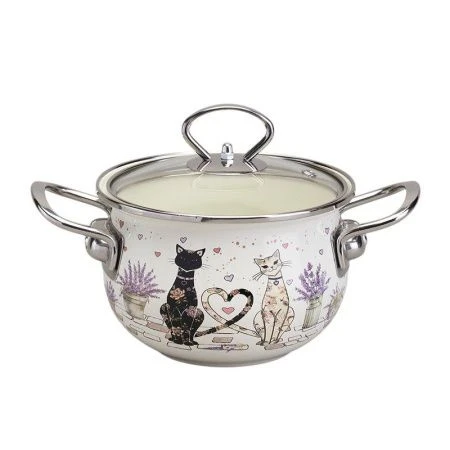 Кастрюля 1,5л эмаль  Lavander Cats со стекл.крышкой 16см (6)