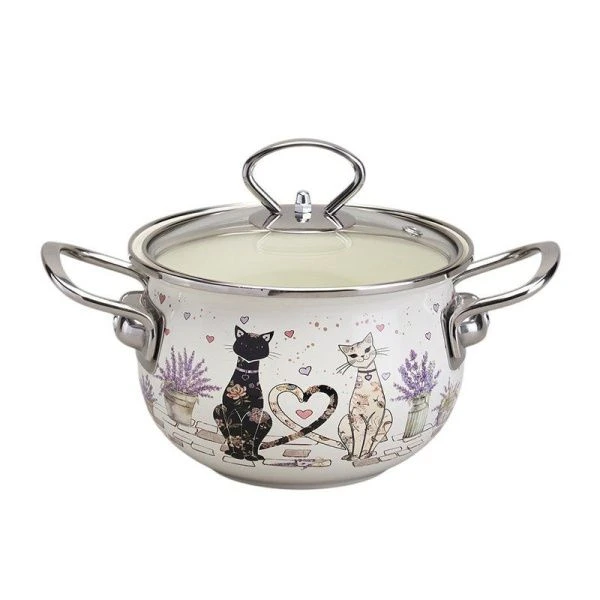 Кастрюля 1,5л эмаль  Lavander Cats со стекл.крышкой 16см (6)
