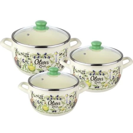 Набор кастрюль 3пр эмаль ОЛИВА эксклюзив 2,2/3/5,3л стекл.крышки 2821 (1)