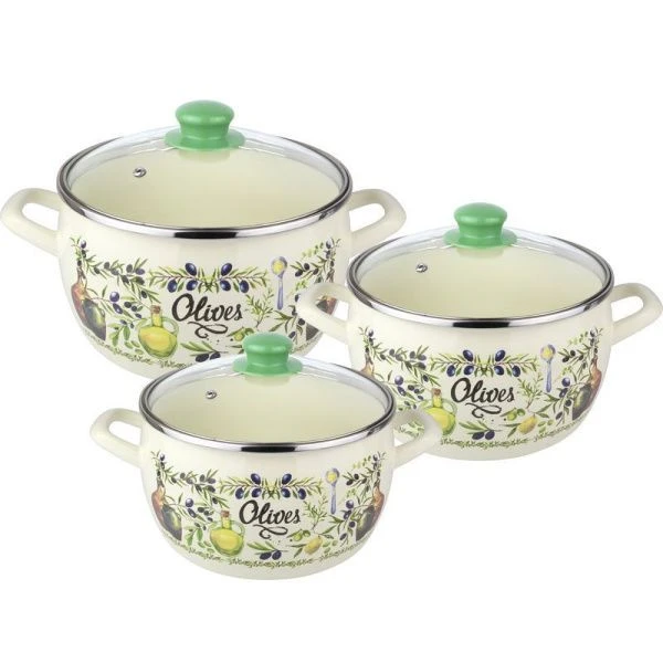 Набор кастрюль 3пр эмаль ОЛИВА эксклюзив 2,2/3/5,3л стекл.крышки 2821 (1)