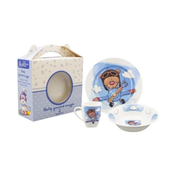 Набор детской посуды 3пр (тарелка 17,5см, салатник 360мл, кружка 210мл) фарфор Мишка-Летчик (4) Набор детской посуды 3пр (тарелка 17,5см, салатник 360мл, кружка 210мл) фарфор Мишка-Летчик (4)