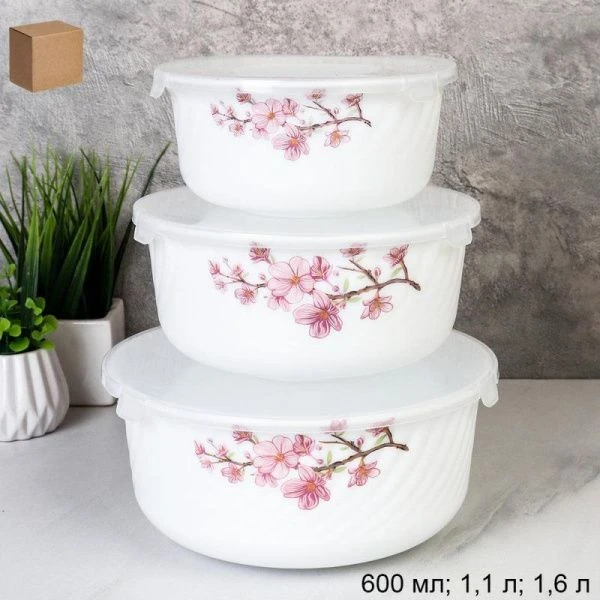 Набор салатников стеклокерамика 3пр с пласт.крышками  Сакура GRAY-HDW3B (7196) (12)