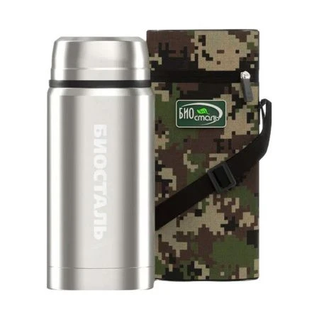 Термос с широким горлом 750мл (16-19ч) нерж.сталь BIOSTAL-ОХОТА с ложкой и термочехлом NTS-750B