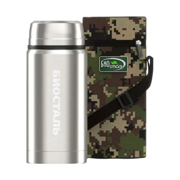 Термос с широким горлом 750мл (16-19ч) нерж.сталь BIOSTAL-ОХОТА с ложкой и термочехлом NTS-750B
