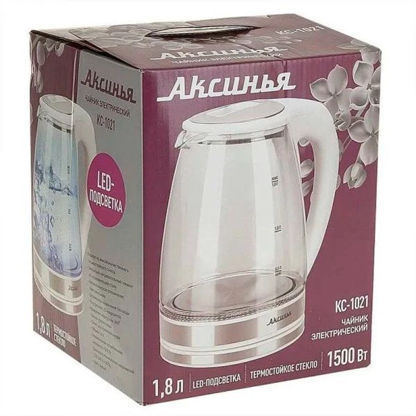 Чайник электрический 1,8л стекло 1500Вт АКСИНЬЯ КС-1021 белый (12)