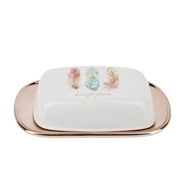 Масленка 18*12*4,5см керамика ПЕРЬЯ подар.уп. (18)