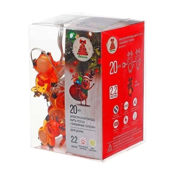 Эл.гирлянда 2.2м 20LED с насадками Забавные олени нить росы медь шампань пост.свеч 2хАА СНОУ БУМ