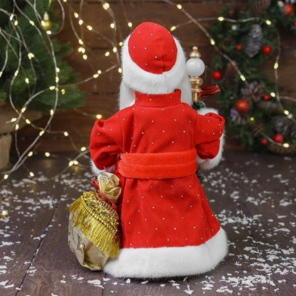 Фигурка новогодняя Дед Мороз в красной шубе с украшенным посохом двигается, с подсветкой 30*16см